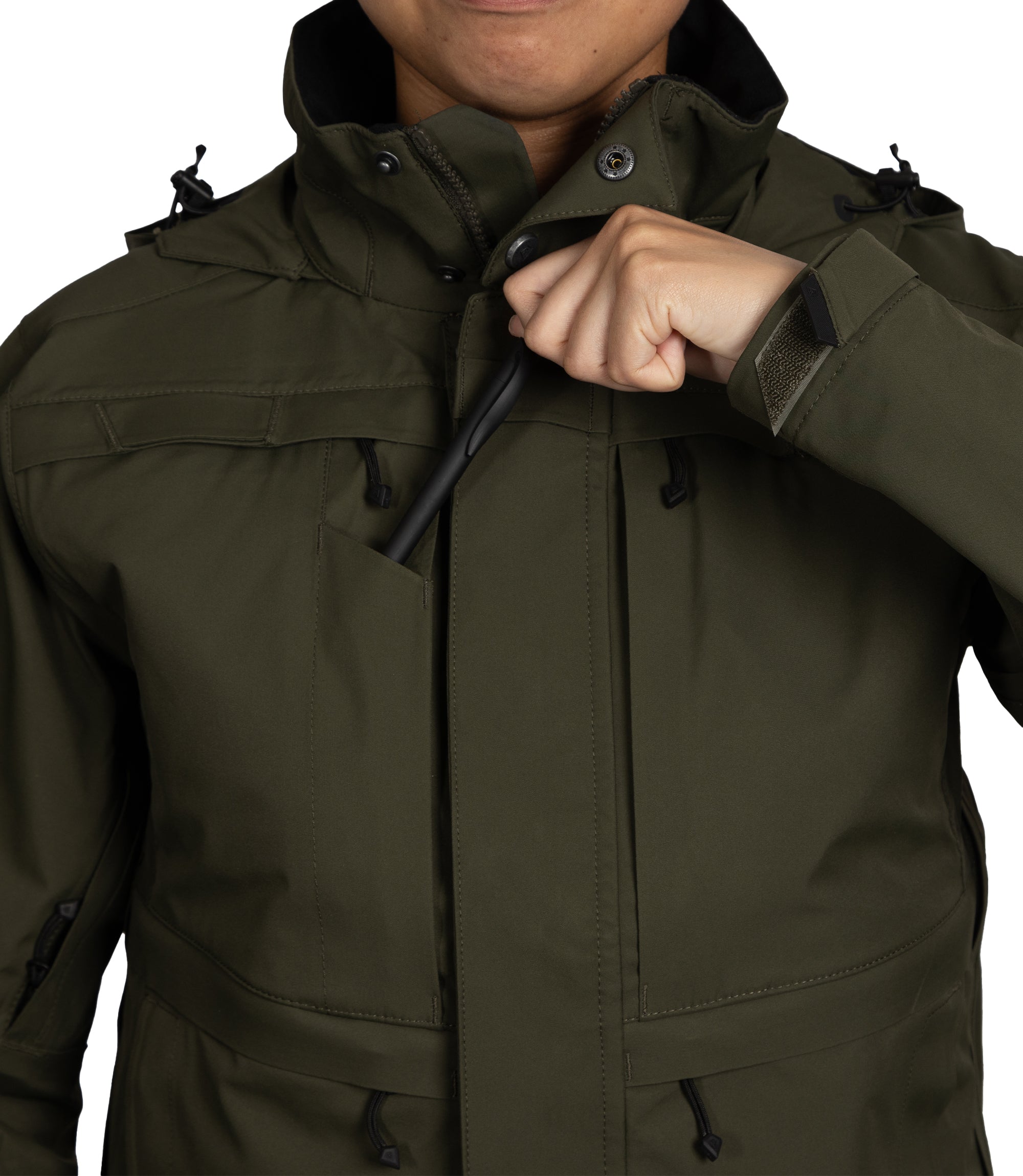 Close-up view of mic loop and pen holder pocket of Women’s Tactix Parka Shell in OD Green|color_od green