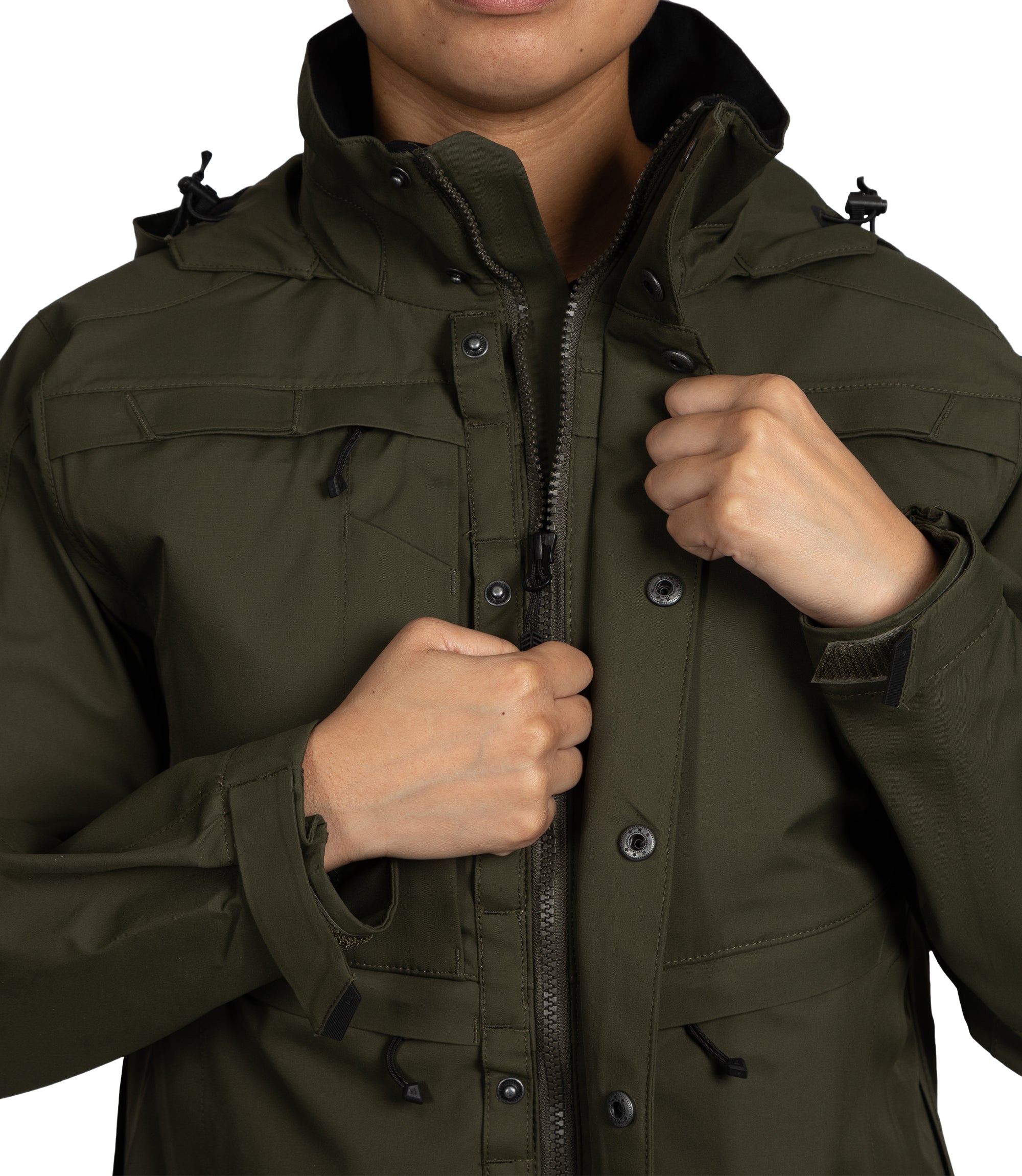 Front zipper close-up of Women’s Tactix Parka Shell in OD Green|color_od green