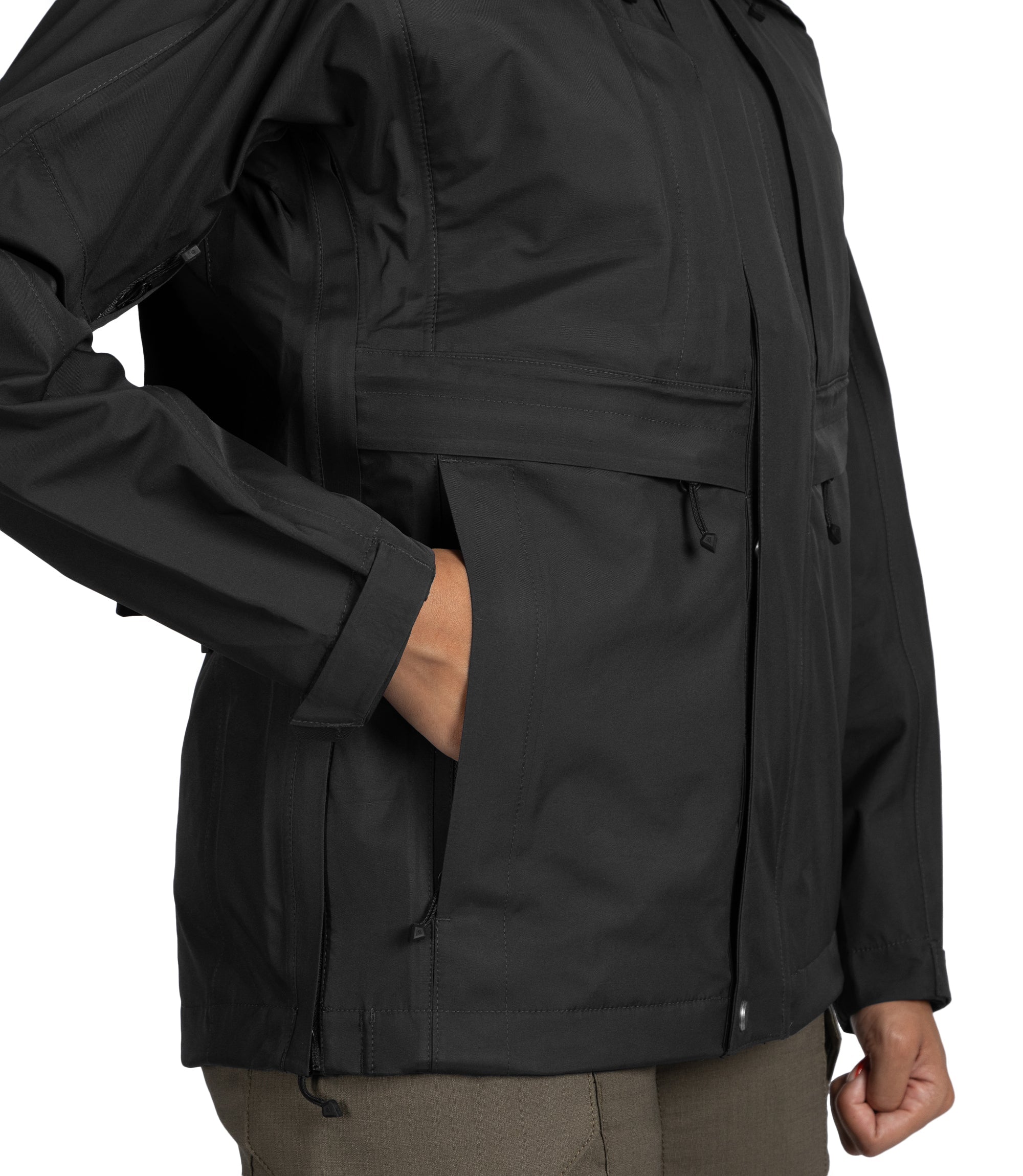 Right front side view with hand in pocket of Women’s Tactix Jacket Shell in Black|color_black