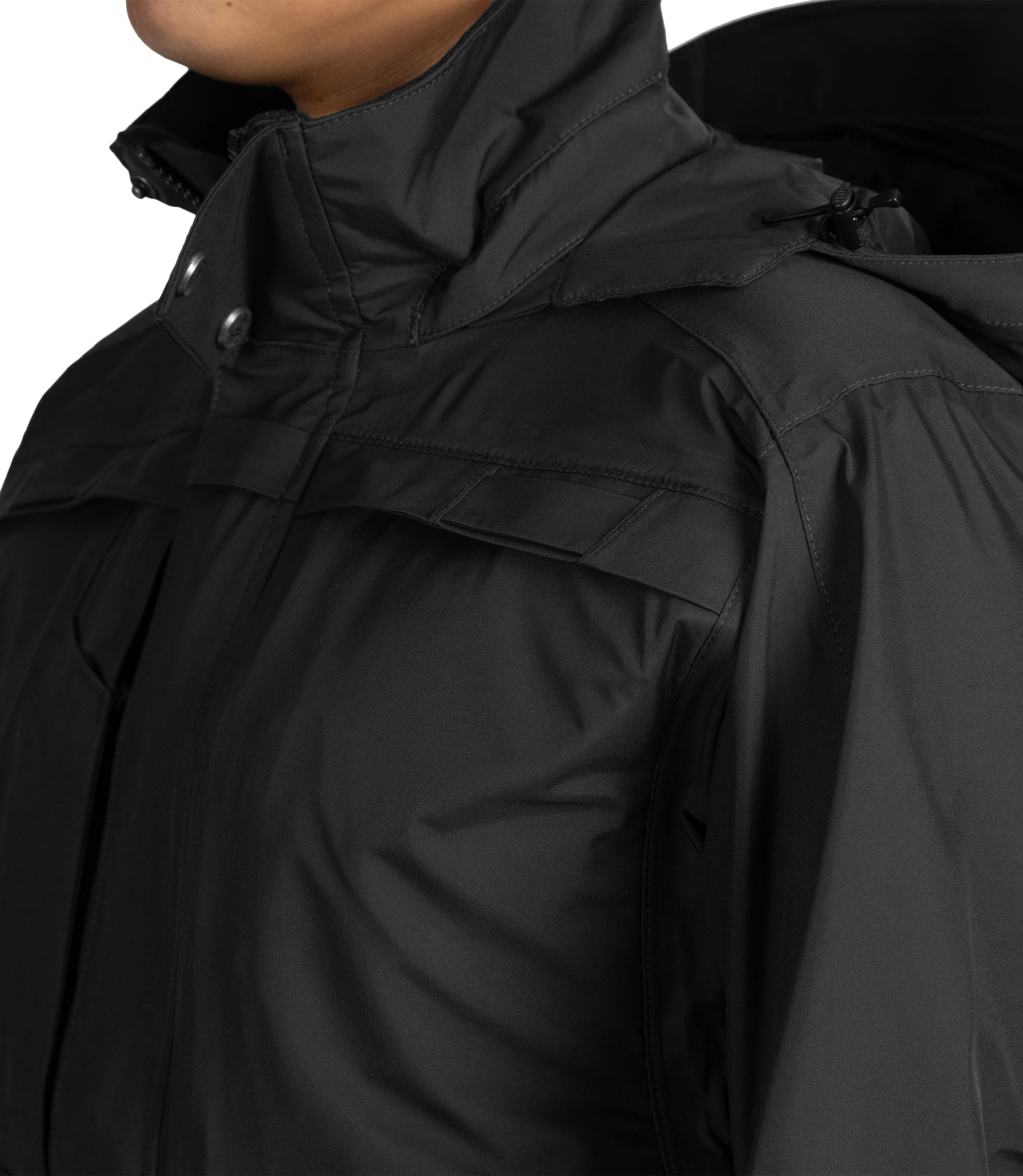 Mic loops at the yoke and front placket of Women’s Tactix Jacket Shell in Black|color_black