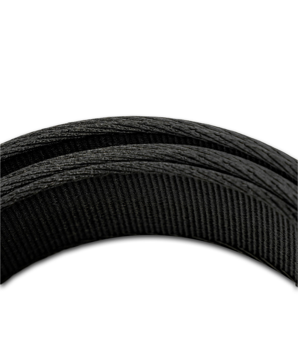 A close-up of a black textured double layer of heavy-duty nylon webbing elastic band, showing its ribbed woven pattern against a plain white background |color_black