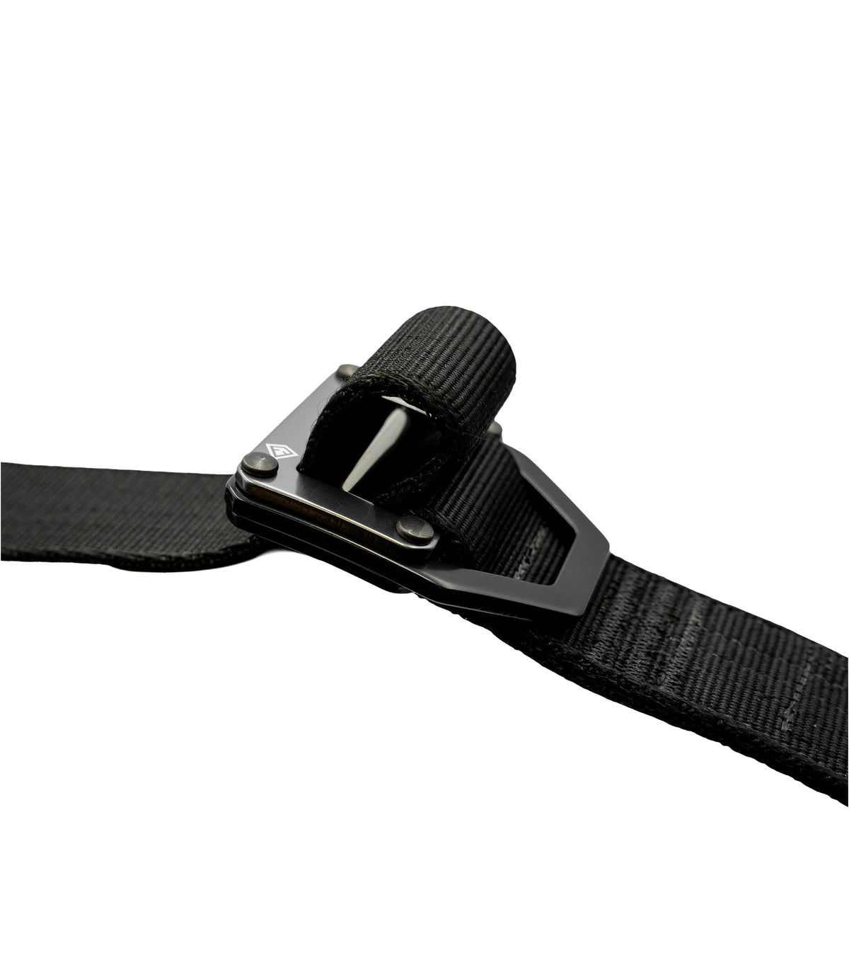 Close-up of a black webbed strap  going through the black metal quick-release buckle on a plain white background |color_black