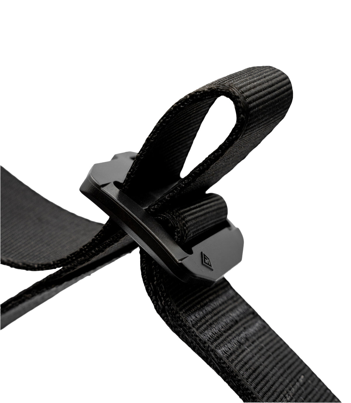 Close-up of a black adjustable webbing strap with a matte black plastic buckle, shown on a plain white background |color_black
