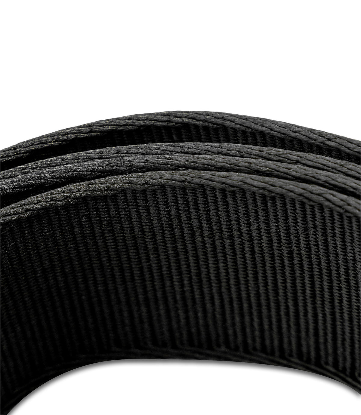 A close-up of a black textured double layer of heavy-duty nylon webbing elastic band, showing its ribbed woven pattern against a plain white background |color_black