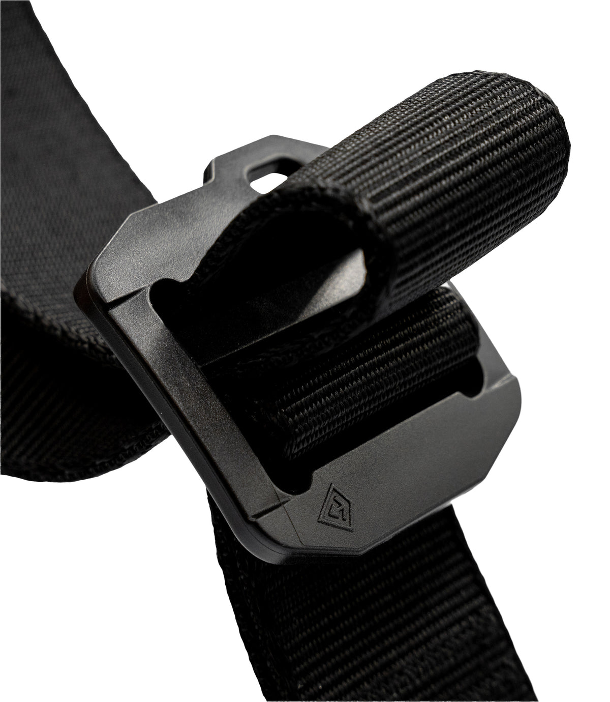 Close-up of a black adjustable webbing strap with a matte black plastic buckle, shown on a plain white background |color_black