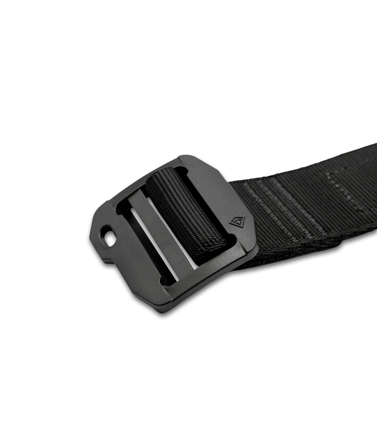 A close-up of a black tactical web belt with a matte black plastic quick-release buckle, shown on a clean white background |color_black