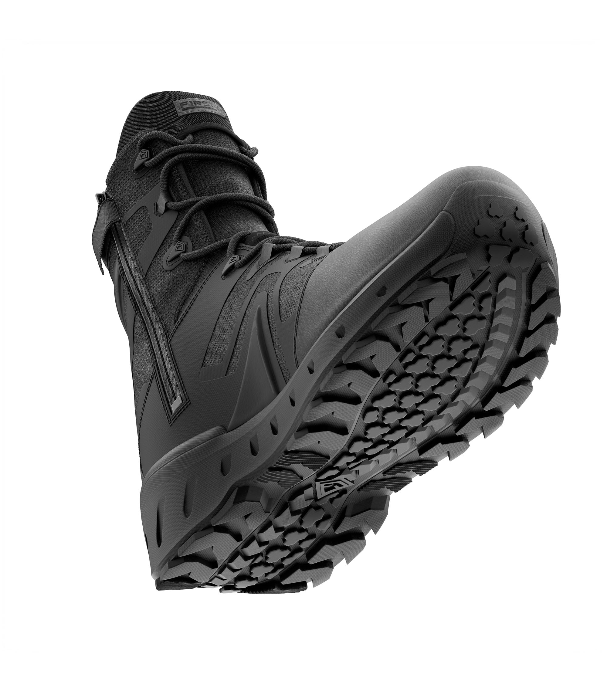 Bottom side view of 8 inch AERO-TAC polished side-zip boot in color black|color_black