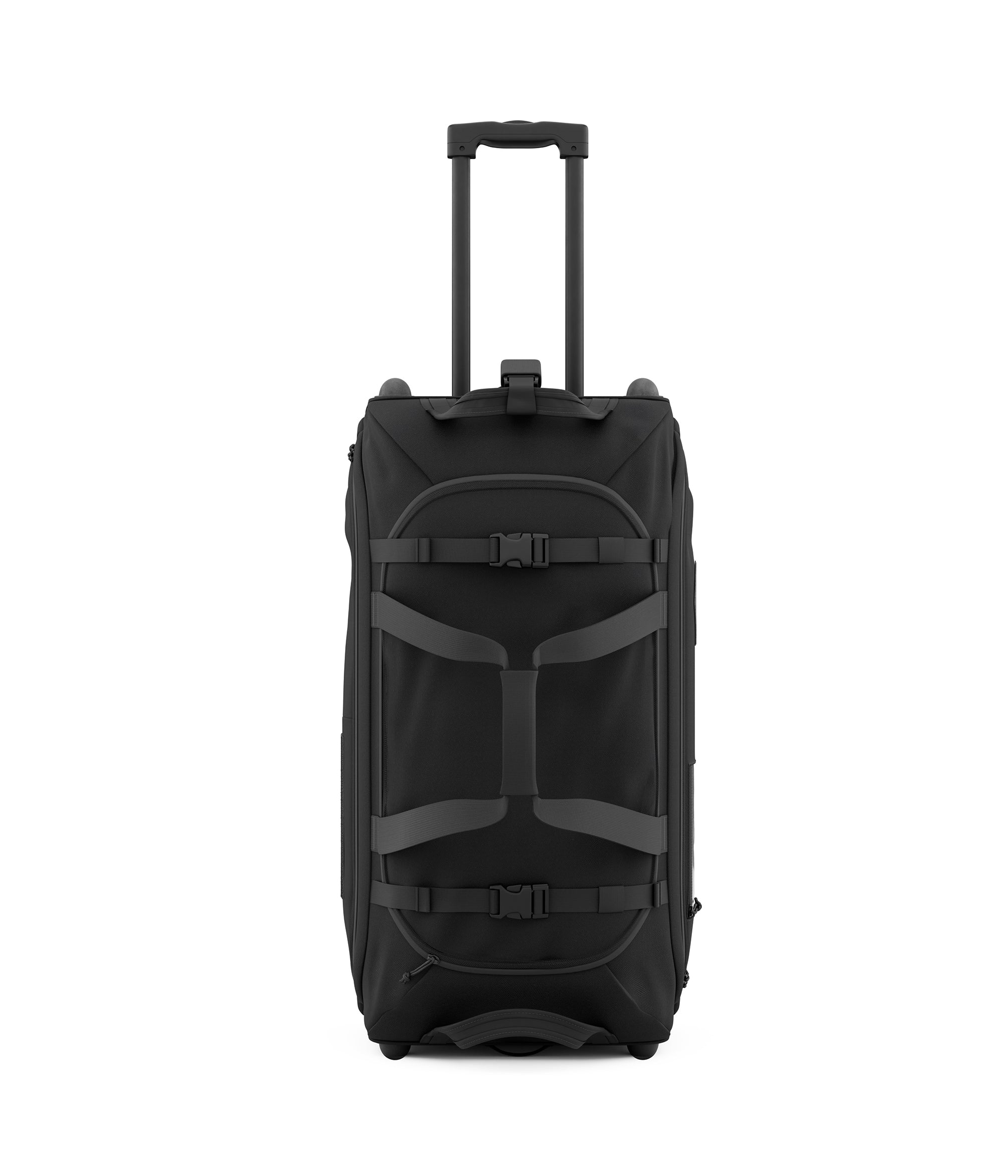 Black Specialist Rolling Duffle upright with telescoping handle and exterior compression straps |color_black