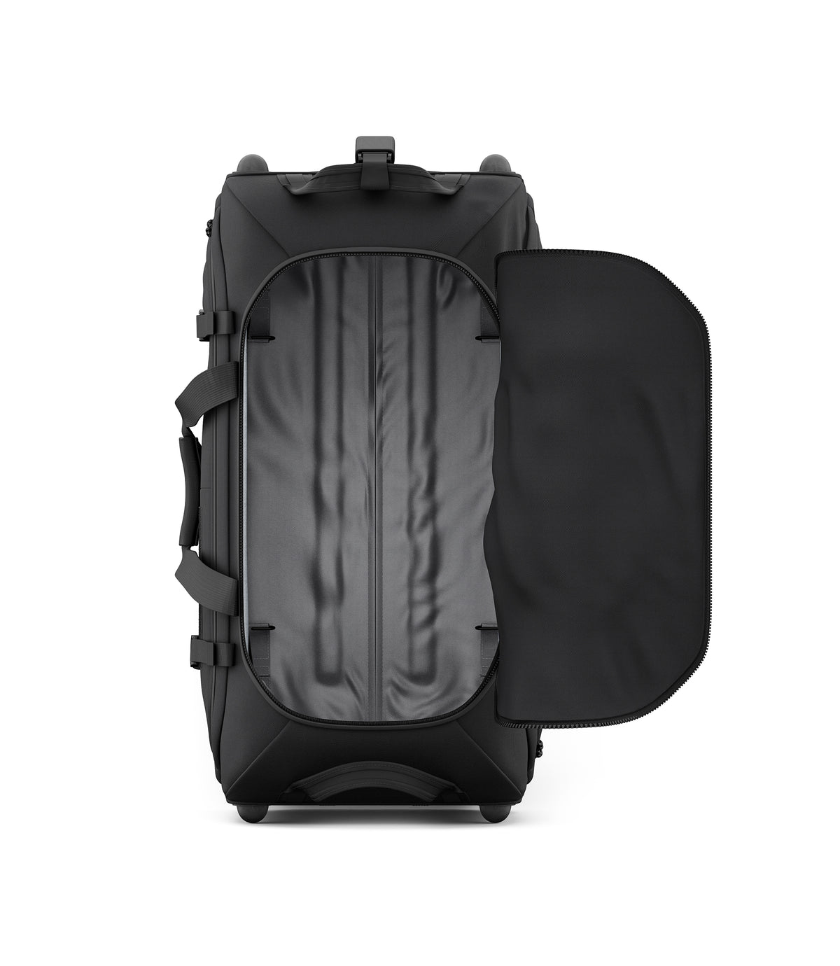 Black Specialist Rolling Duffle opened to show the full-length main compartment |color_black