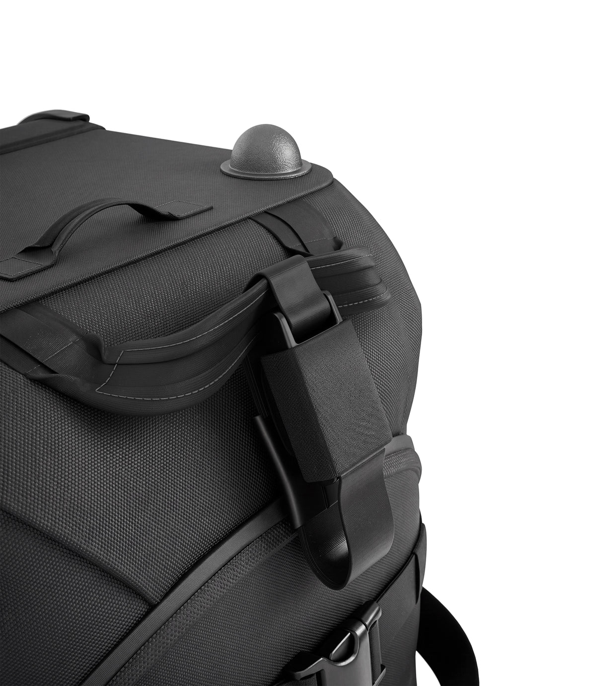 Close-up of grab handle and daisy chain strap attachment on black Specialist Rolling Duffle |color_black