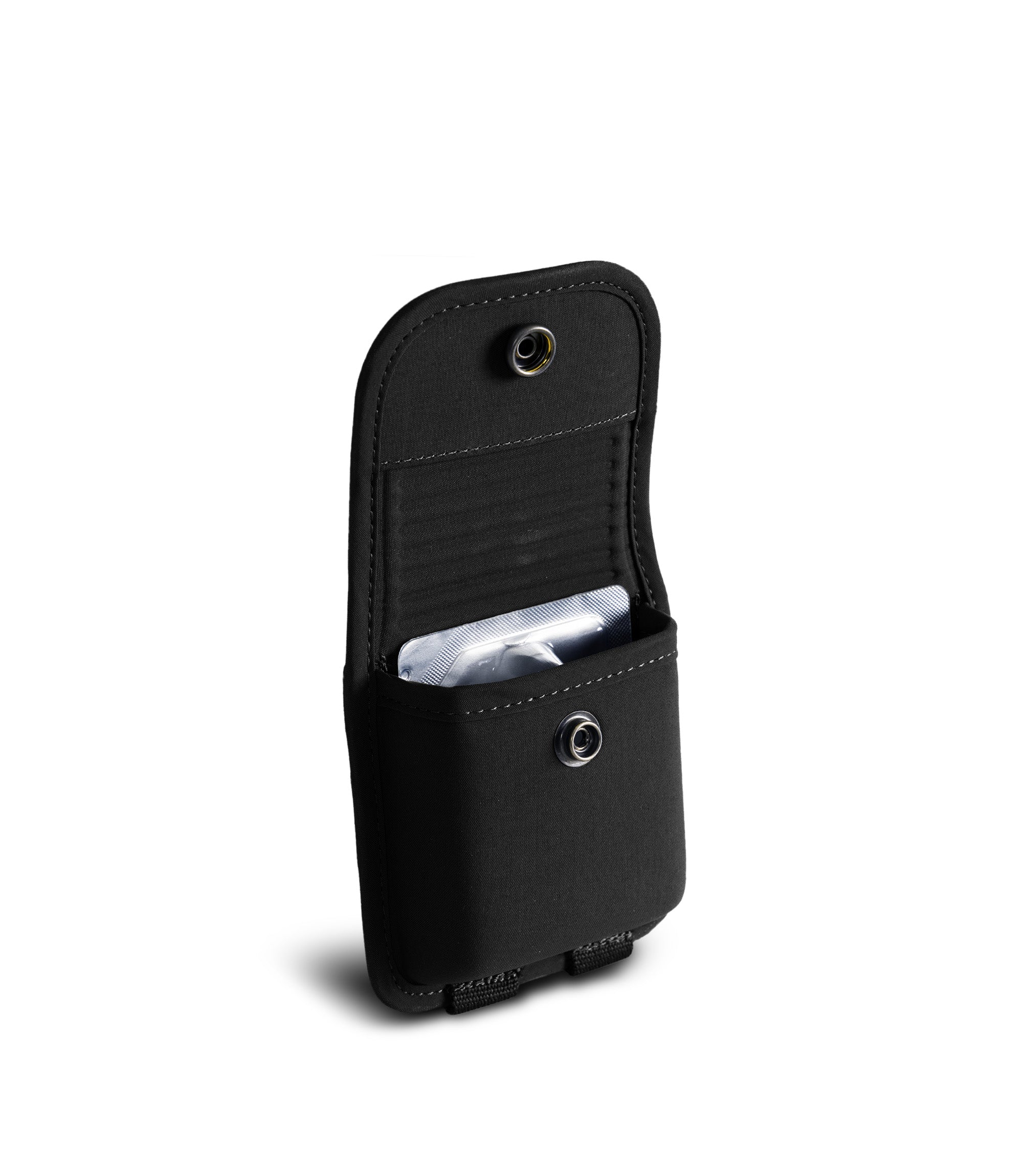 Open snap side view with Narcan inside the Pro Duty narcan case and narcan in the color black|color_black