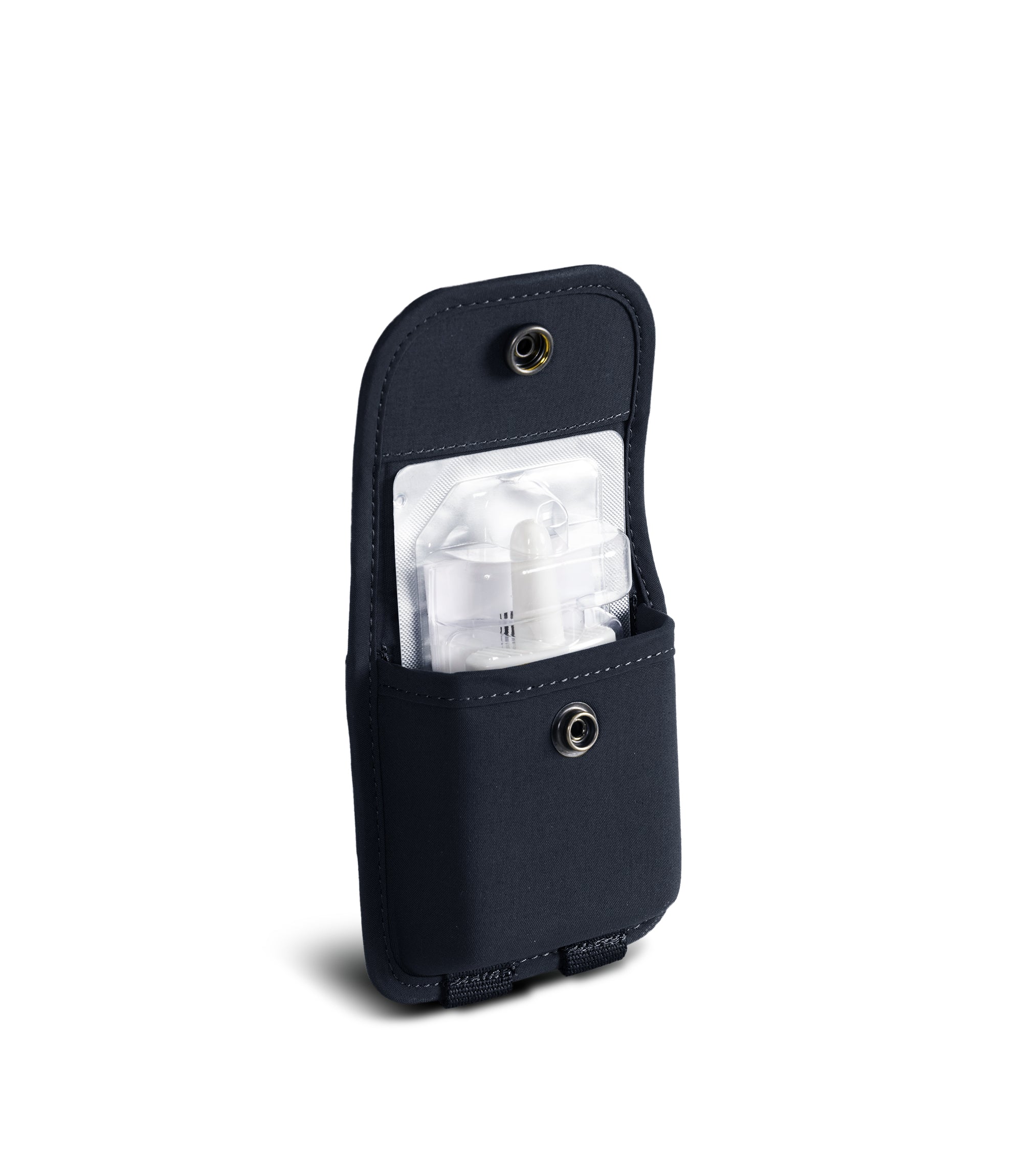 Open snap side view with Narcan inside the Pro Duty narcan case and narcan in the color midnight navy|color_midnight navy