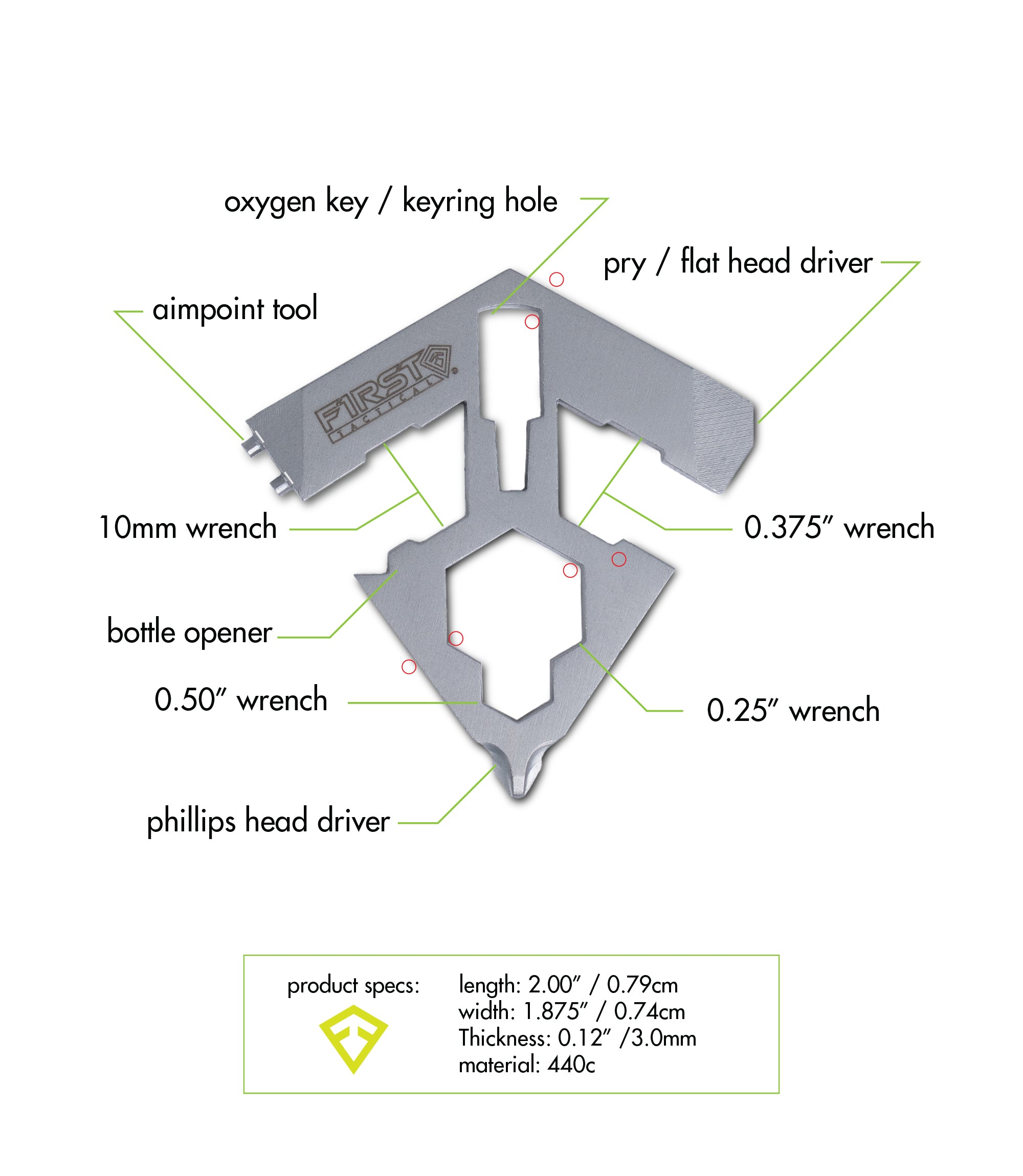 Front view of Spear Multitool with product measurement specs.