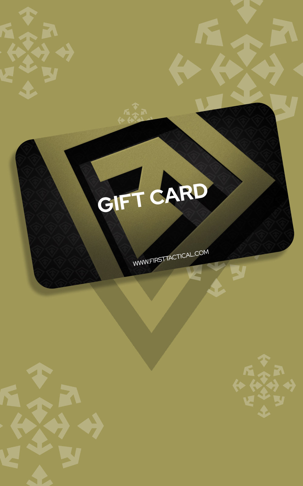 A rectangular gift card with rounded corners shown at an angle on an olive green patterned background. The card is black with a large metallic gold geometric logo and the words 'GIFT CARD'