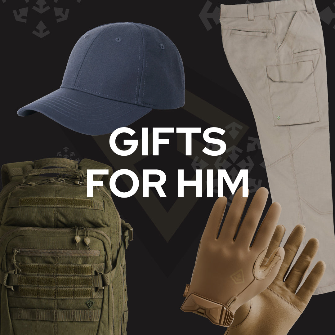 Gift set for men featuring a navy blue baseball cap, a green tactical backpack, beige cargo pants, and tan tactical gloves, arranged on a dark background with the text 'GIFTS FOR HIM'.