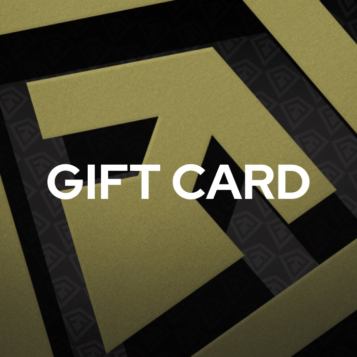 A gift card design with a large stylized gold letter A on a black geometric background, overlaid with the words 'GIFT CARD' in white text.