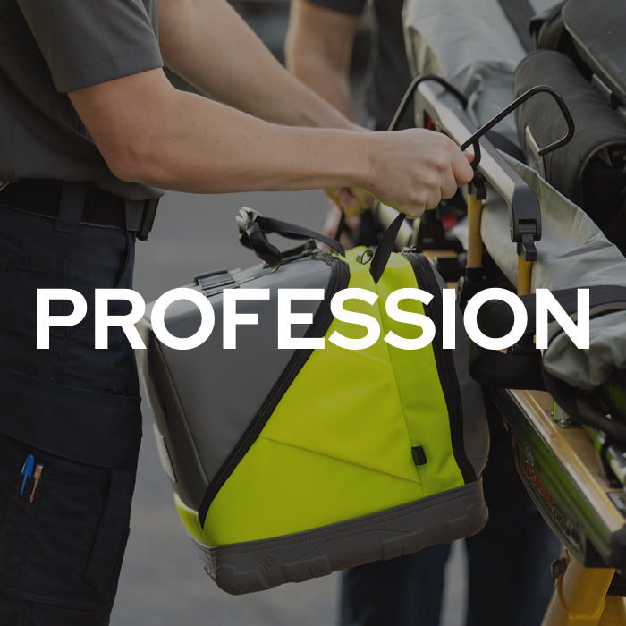 A person in dark uniform pants carries a bright neon yellow-green and dark gray medical or utility bag with a black handle, with large white text reading 'PROFESSION' overlaid across the center.