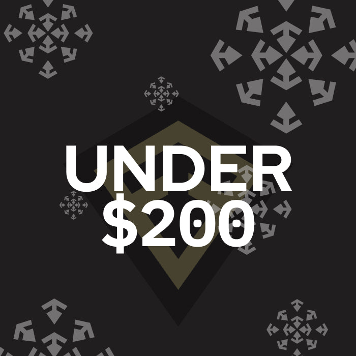 A promotional graphic with large white text reading 'UNDER $200' centered on a dark charcoal background, surrounded by gray geometric arrow-like motifs.