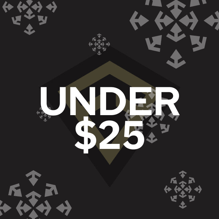 A promotional graphic with the text 'UNDER $25' in large white letters over a dark geometric background with subtle snowflake-like patterns.