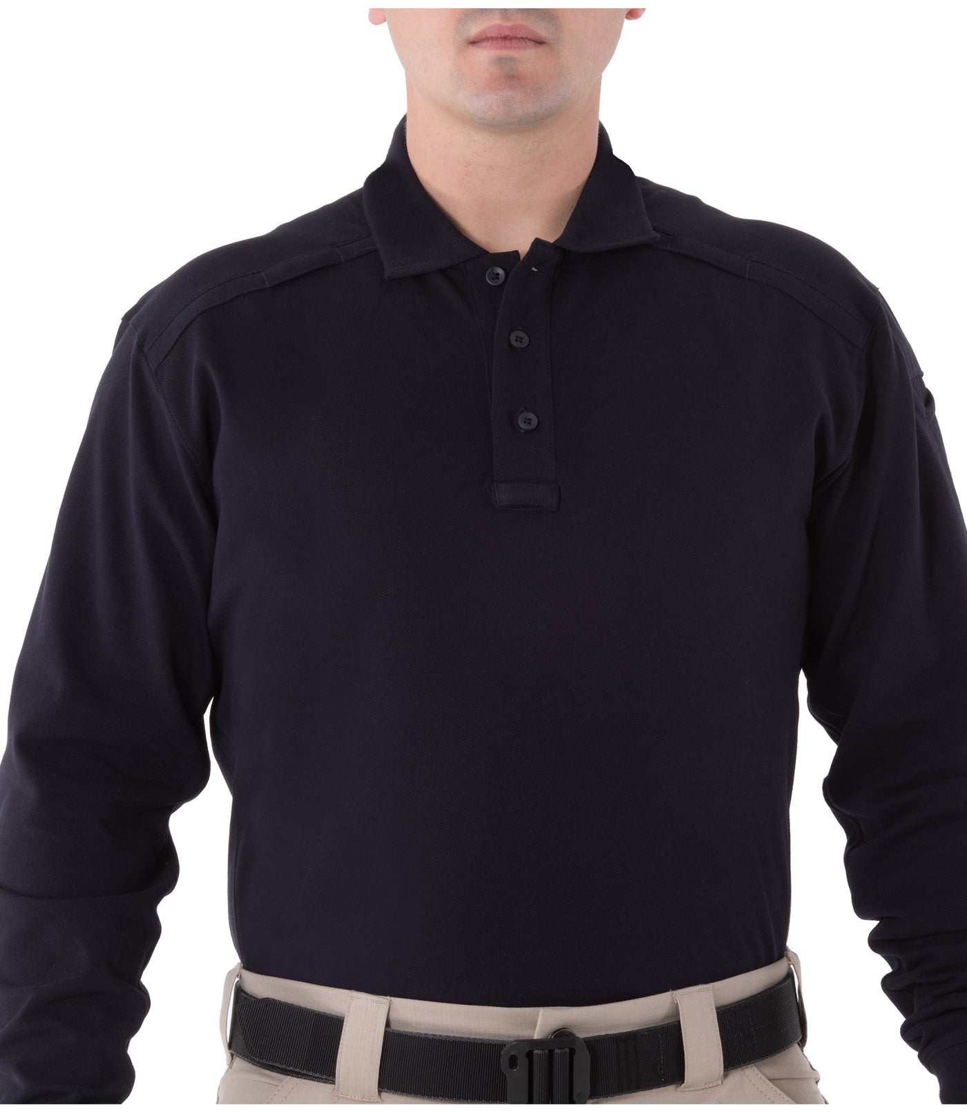 Front of Men's Cotton Long Sleeve Polo in Midnight Navy