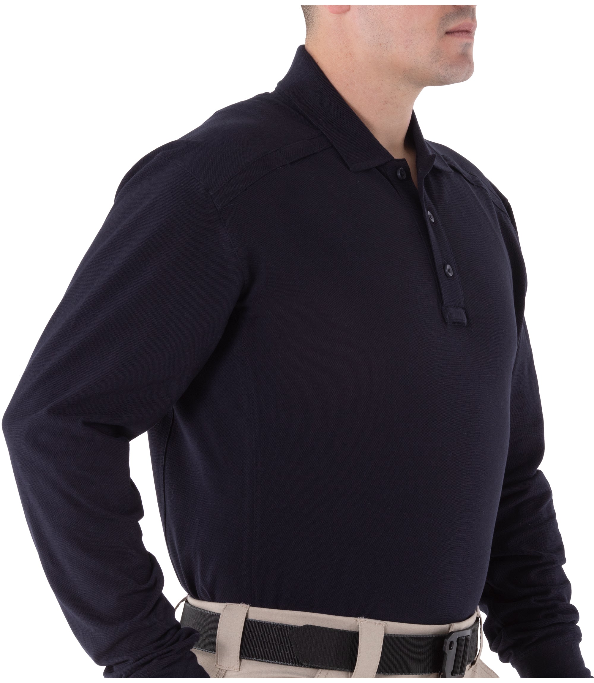 Side of Men's Cotton Long Sleeve Polo in Midnight Navy |color_midnight navy