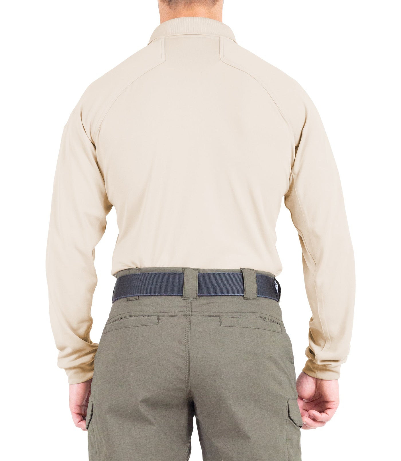 Back of Men's Performance Long Sleeve Polo in Silver Tan