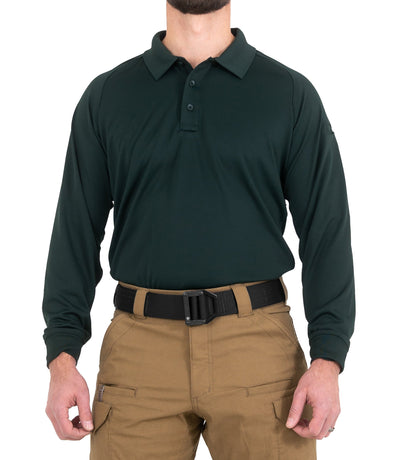 Front of Men's Performance Long Sleeve Polo in Spruce Green