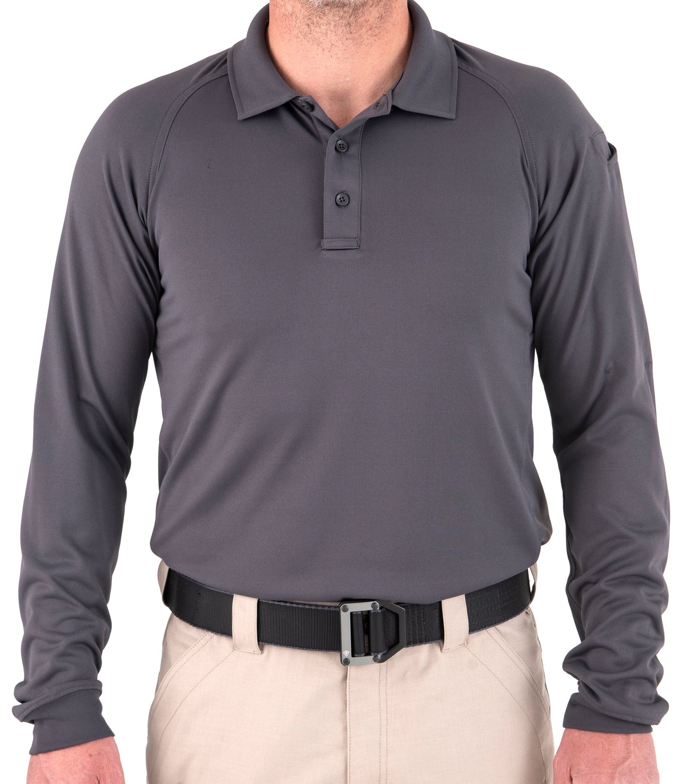 Front of Men's Performance Long Sleeve Polo in Asphalt