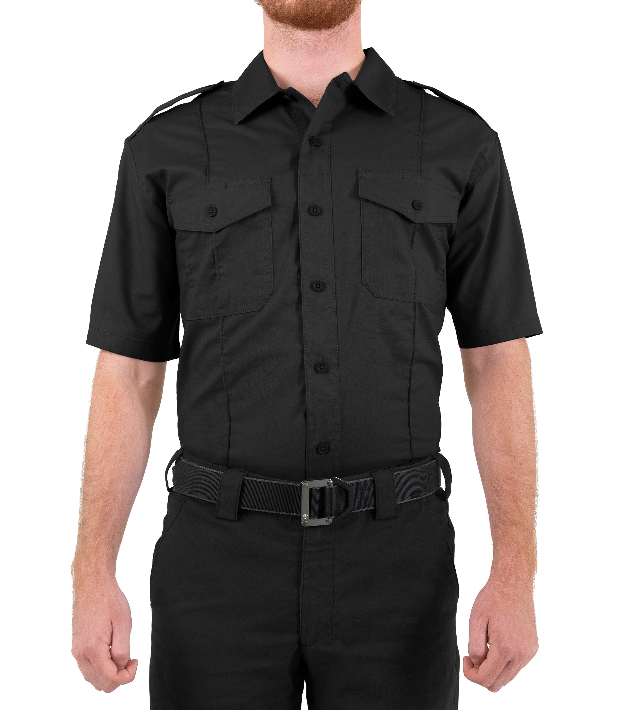 Front of Men's Pro Duty Uniform Short Sleeve Shirt in Black |color_black