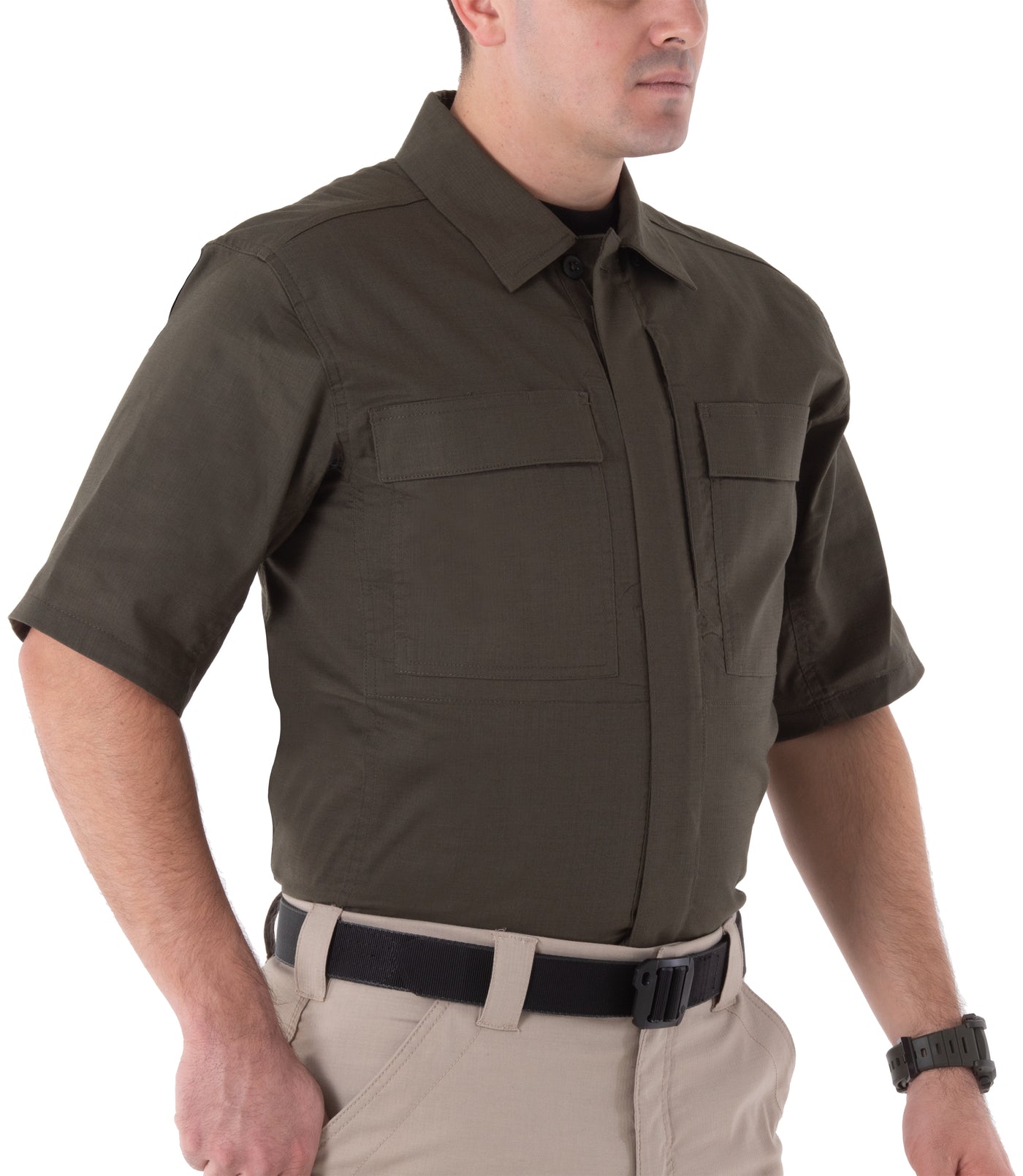 Side of Men's V2 BDU Short Sleeve Shirt in OD Green