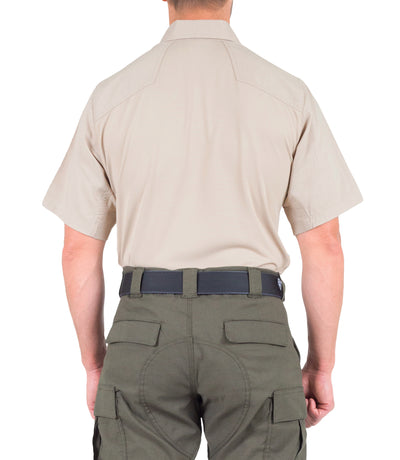 Back of Men's V2 Pro Performance Short Sleeve Shirt in Khaki