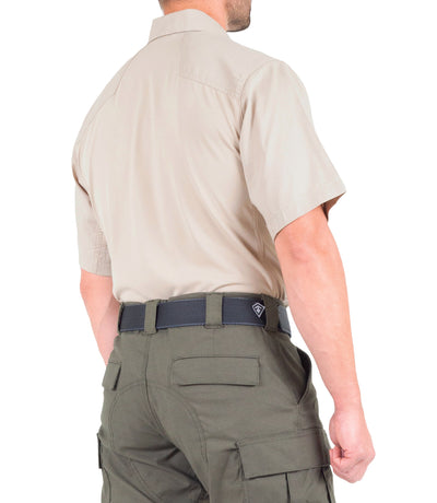 Side of Men's V2 Pro Performance Short Sleeve Shirt in Khaki