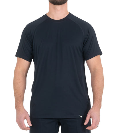 Untucked Front of Men’s Performance Short Sleeve T-Shirt in Midnight Navy