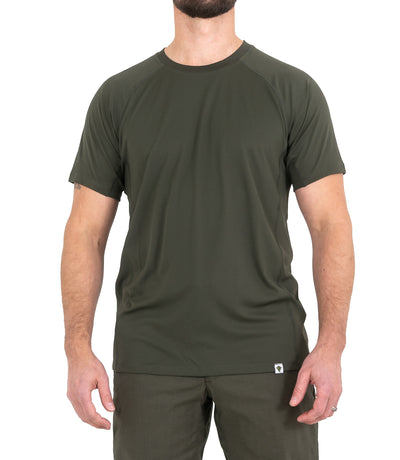 Untucked Front of Men’s Performance Short Sleeve T-Shirt in OD Green
