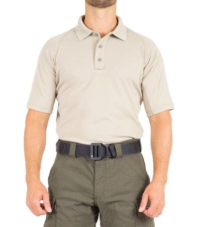 Front of Men's Performance Short Sleeve Polo in Silver Tan