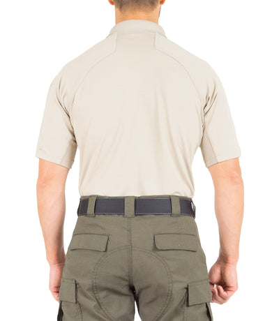 Back of Men's Performance Short Sleeve Polo in Silver Tan