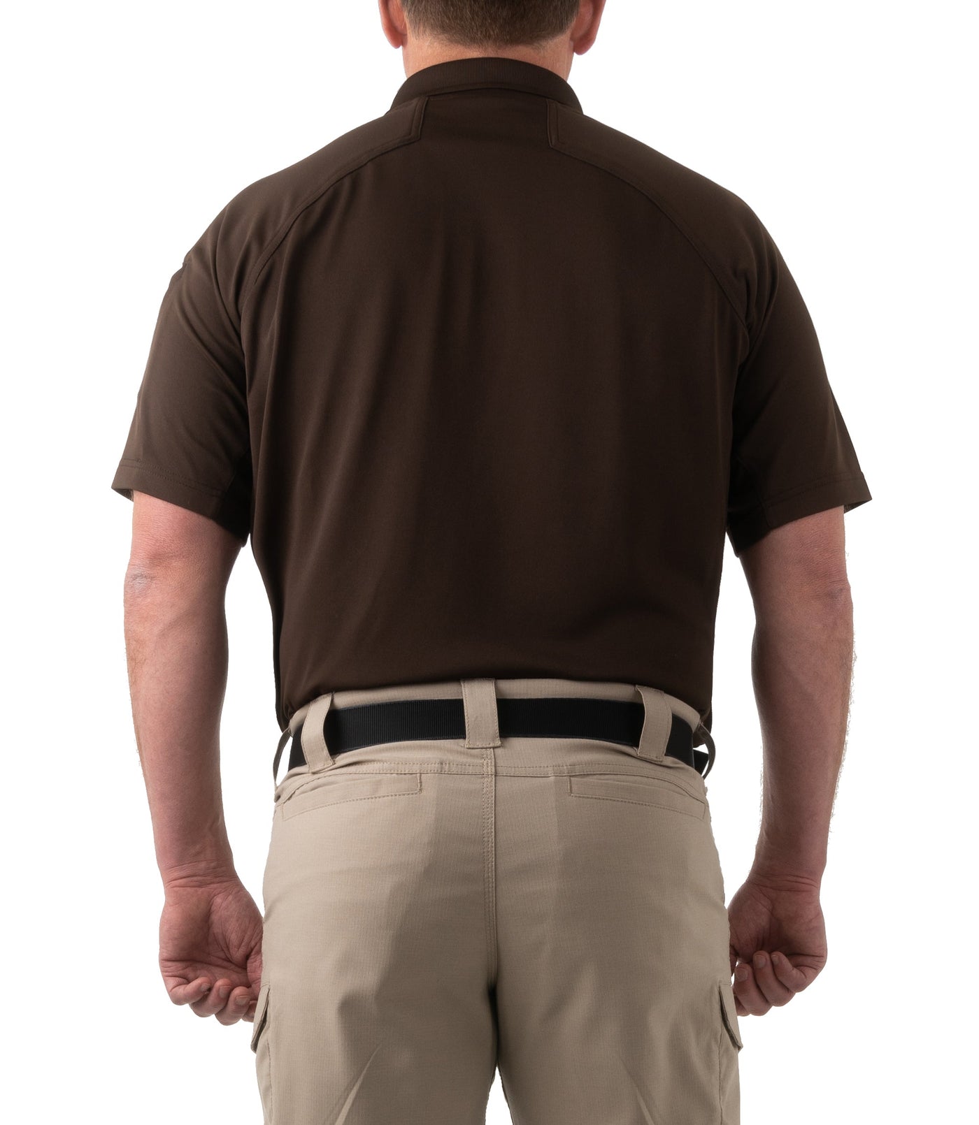 Back of Men's Performance Short Sleeve Polo in Kodiak Brown