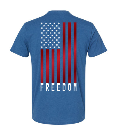Back of Freedom Flag T-Shirt in Heather Cool Blue