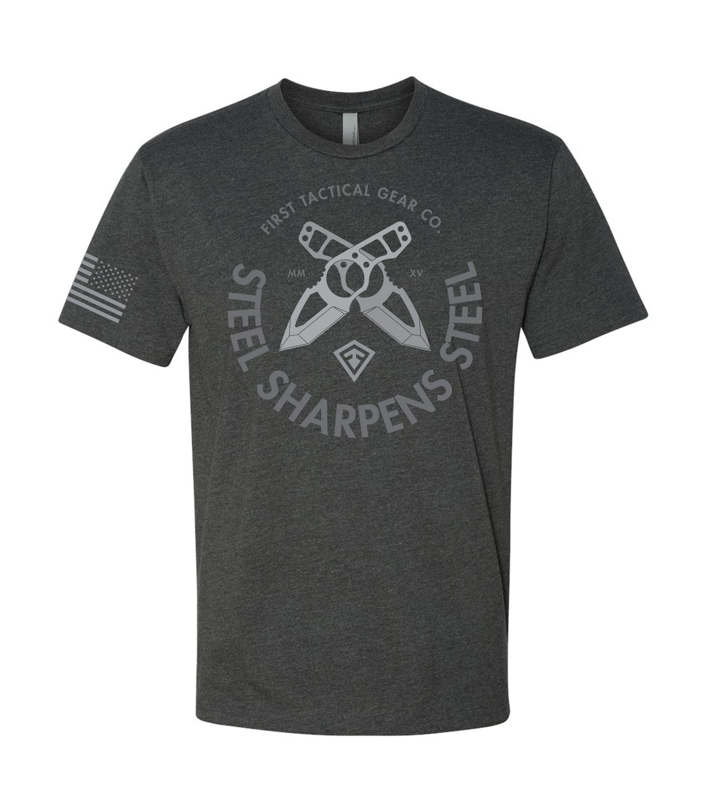 Front of Steel Sharpens Steel T-Shirt in Charcoal