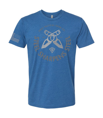 Front of Steel Sharpens Steel T-Shirt in Heather Cool Blue