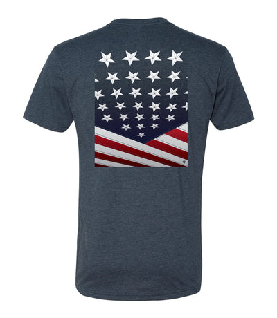 Back of Angled Flag T-Shirt in Heather Navy