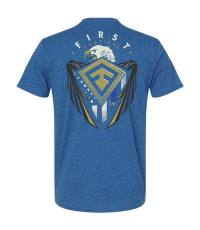 Back of Eagle Shield T-Shirt in Heather Cool Blue