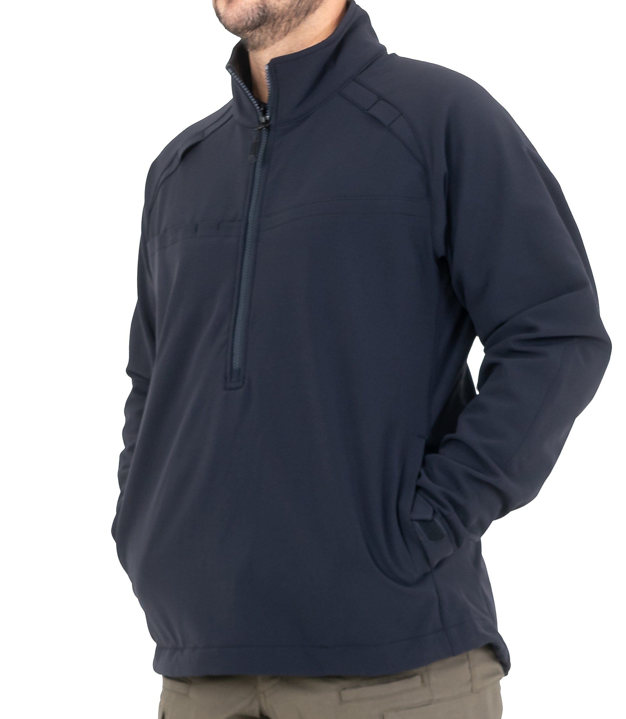 Front Pockets of Men’s Tactix Softshell Pullover in Midnight Navy |color_midnight navy