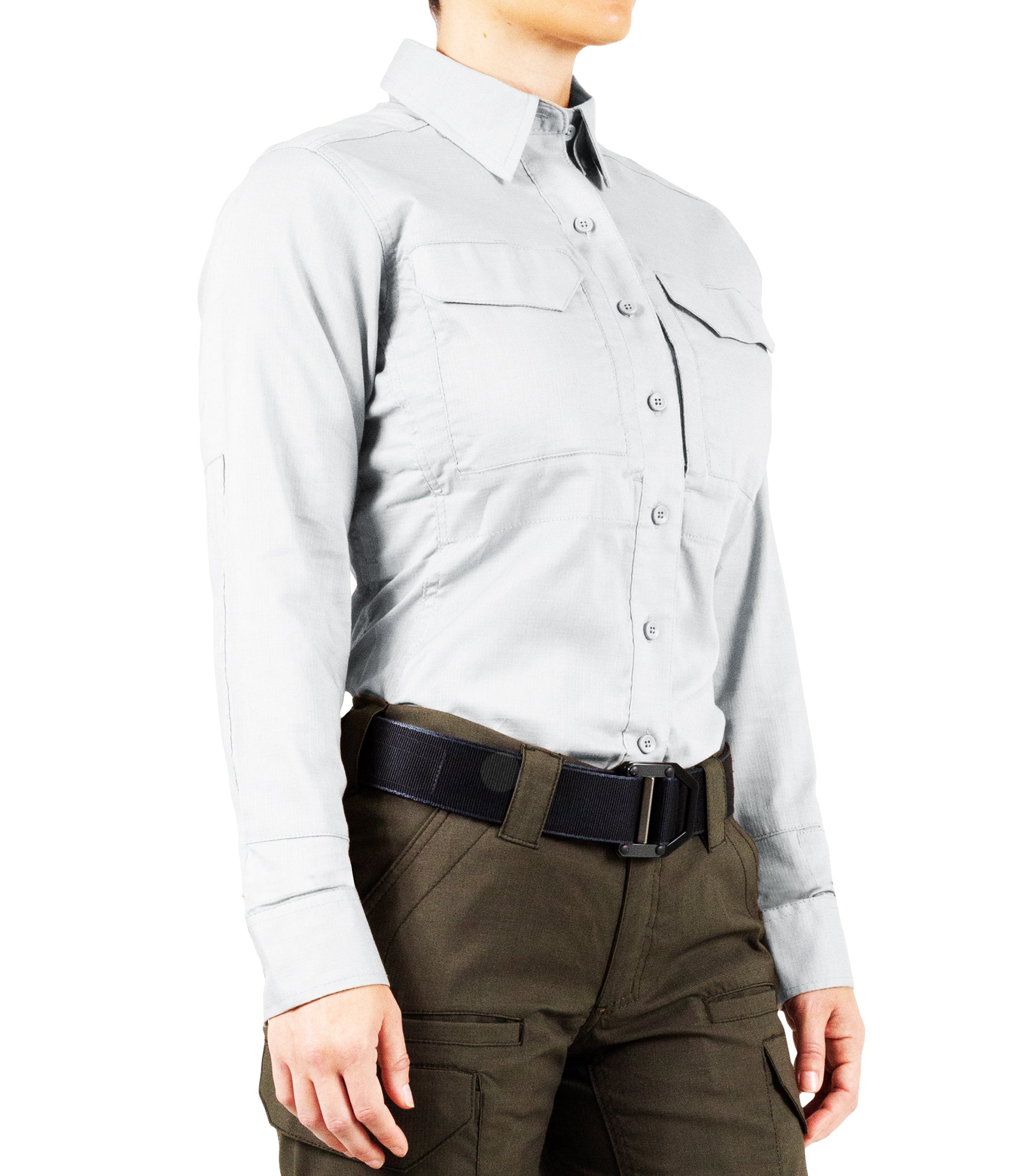 Side of Women's V2 Tactical Long Sleeve Shirt in White |color_white