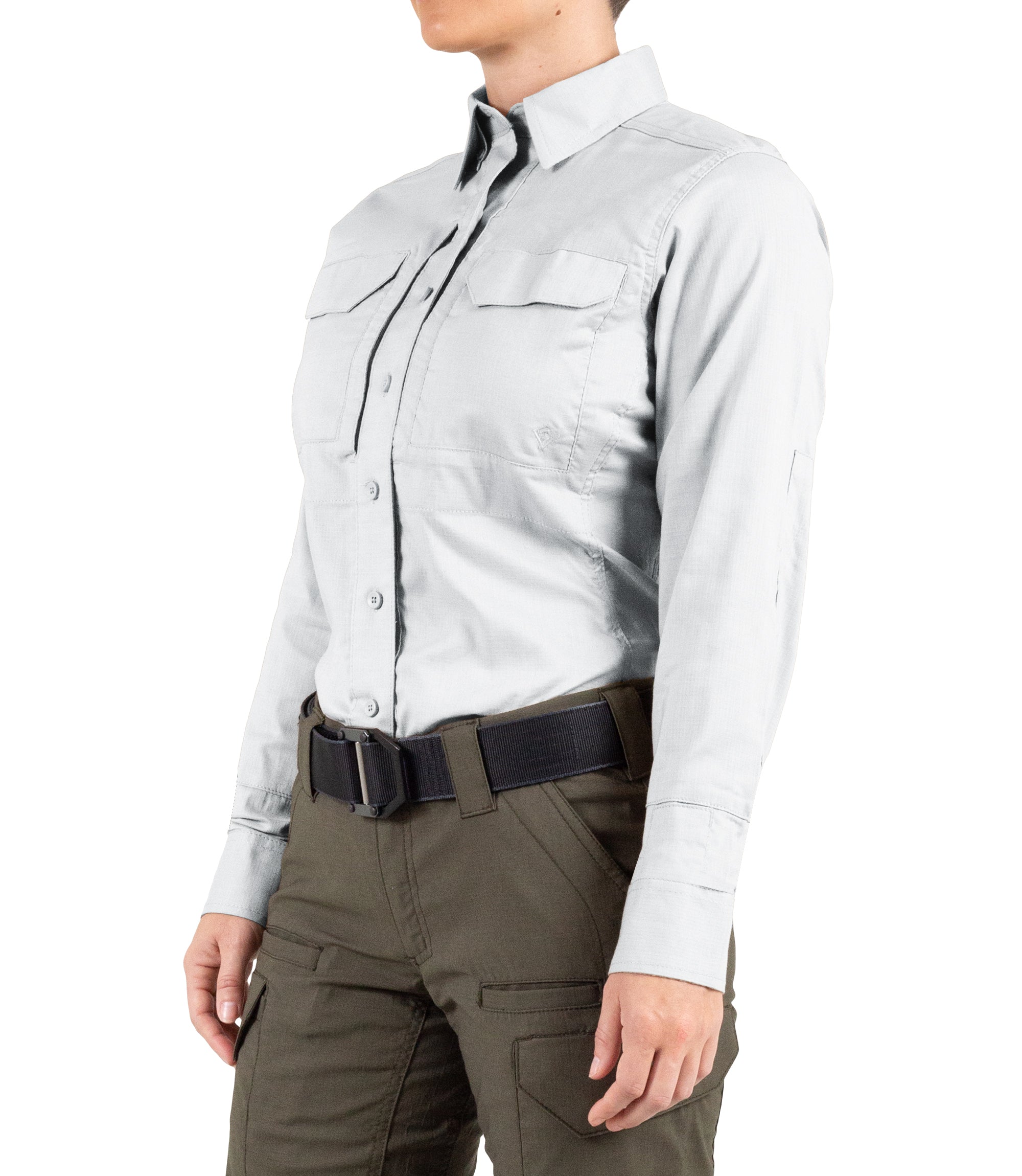 Side of Women's V2 Tactical Long Sleeve Shirt in White |color_white