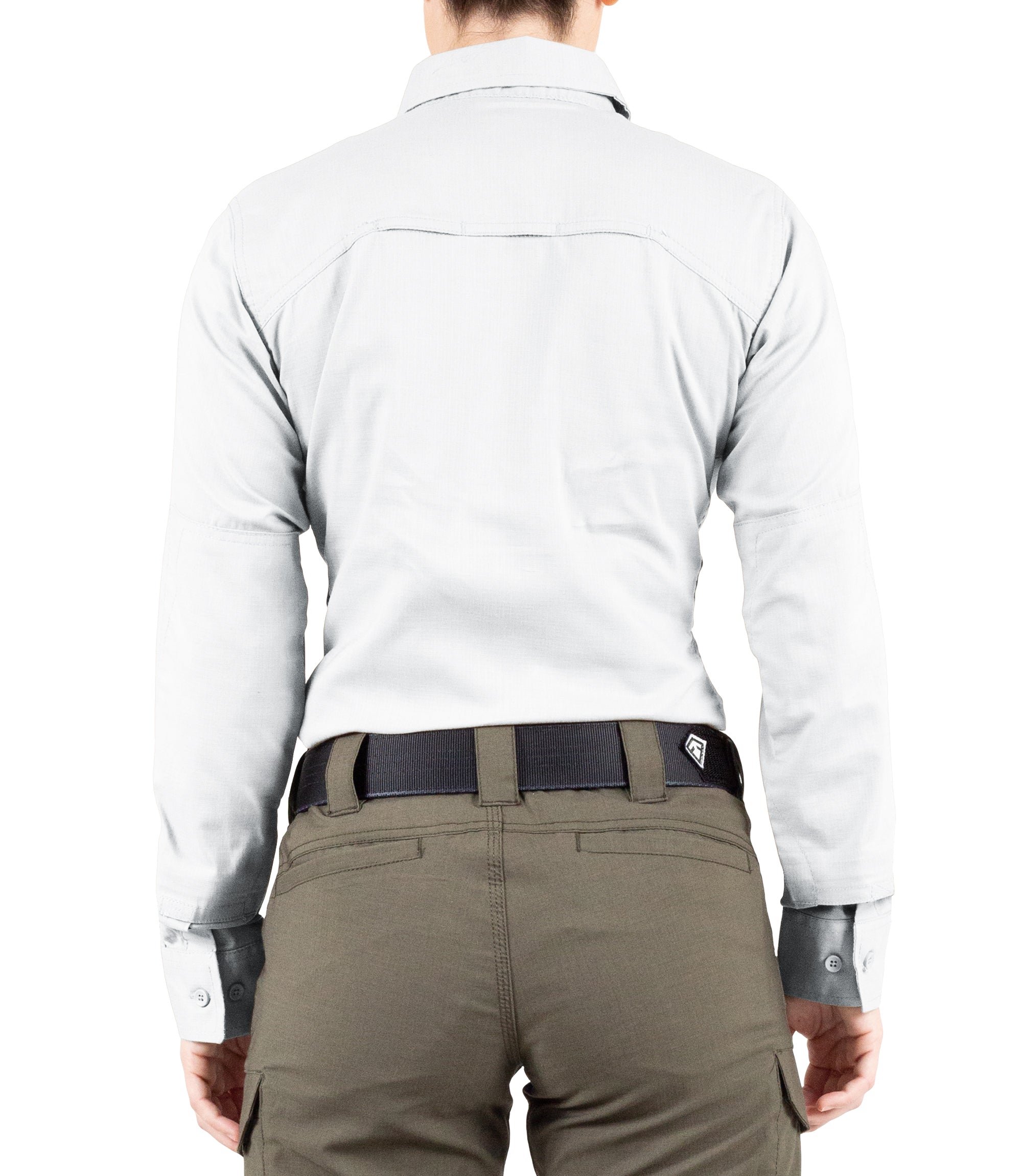 Back of Women's V2 Tactical Long Sleeve Shirt in White |color_white