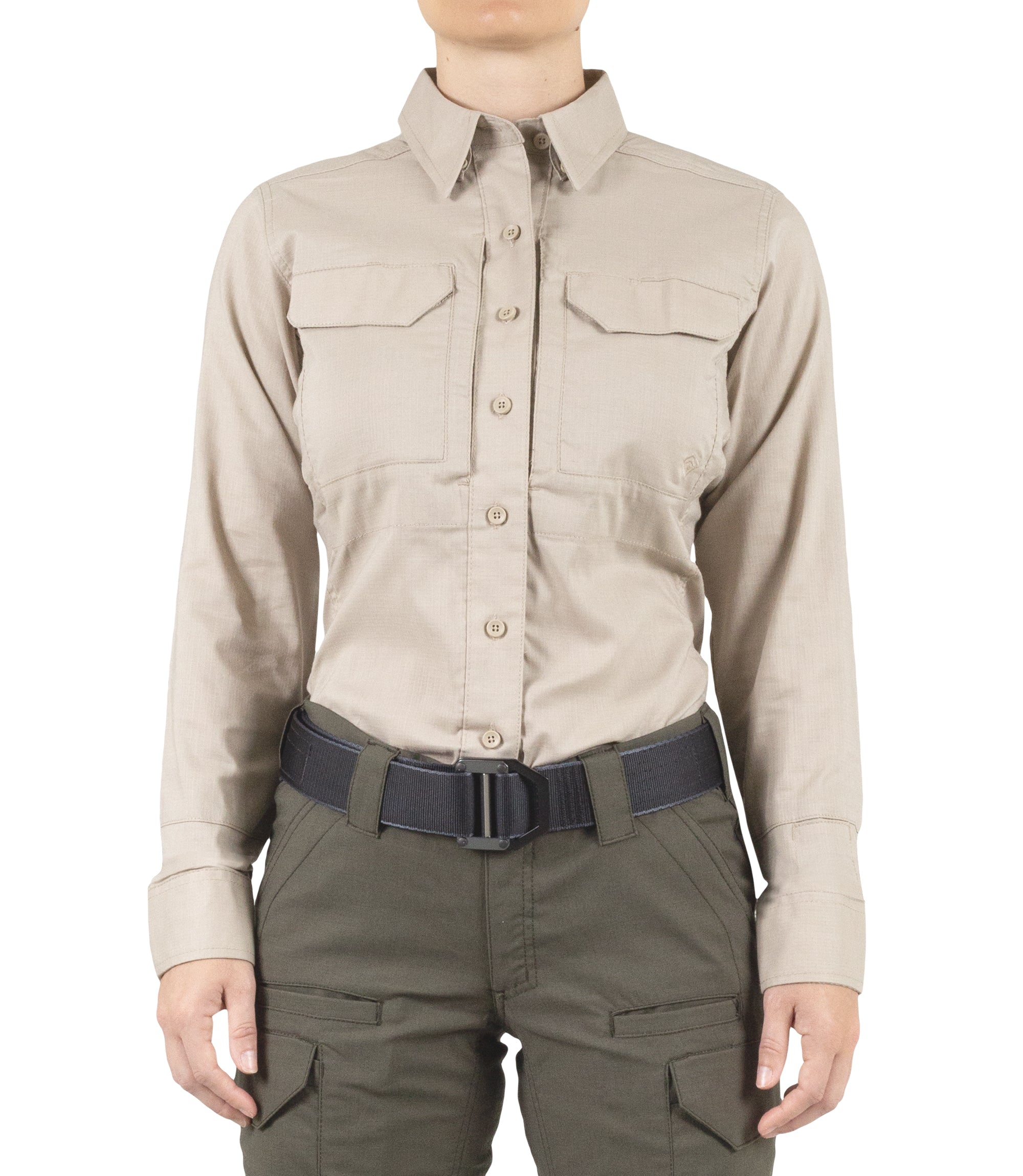 Front of Women's V2 Tactical Long Sleeve Shirt in Khaki |color_khaki