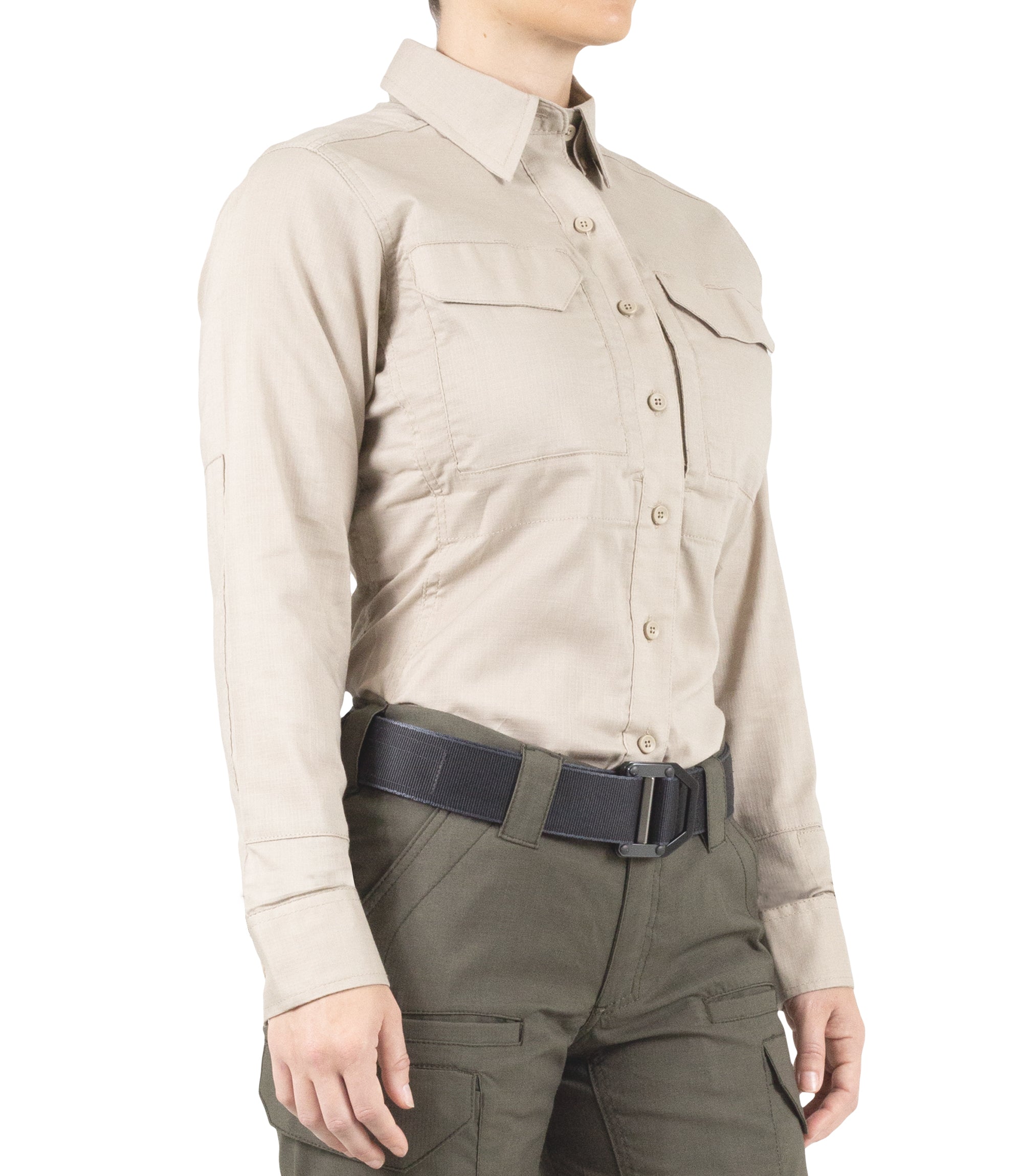 Side of Women's V2 Tactical Long Sleeve Shirt in Khaki |color_khaki
