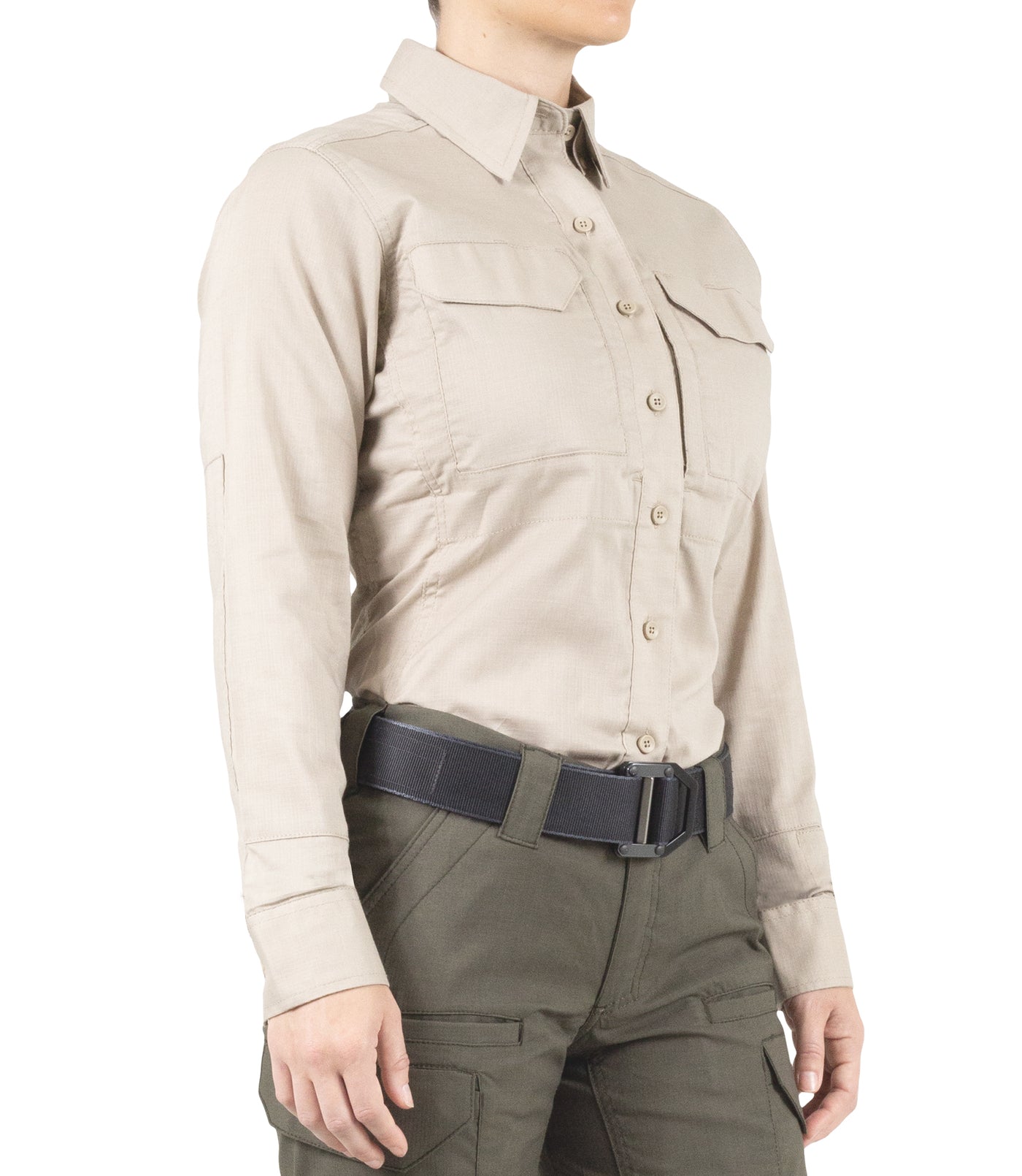 Side of Women's V2 Tactical Long Sleeve Shirt in Khaki
