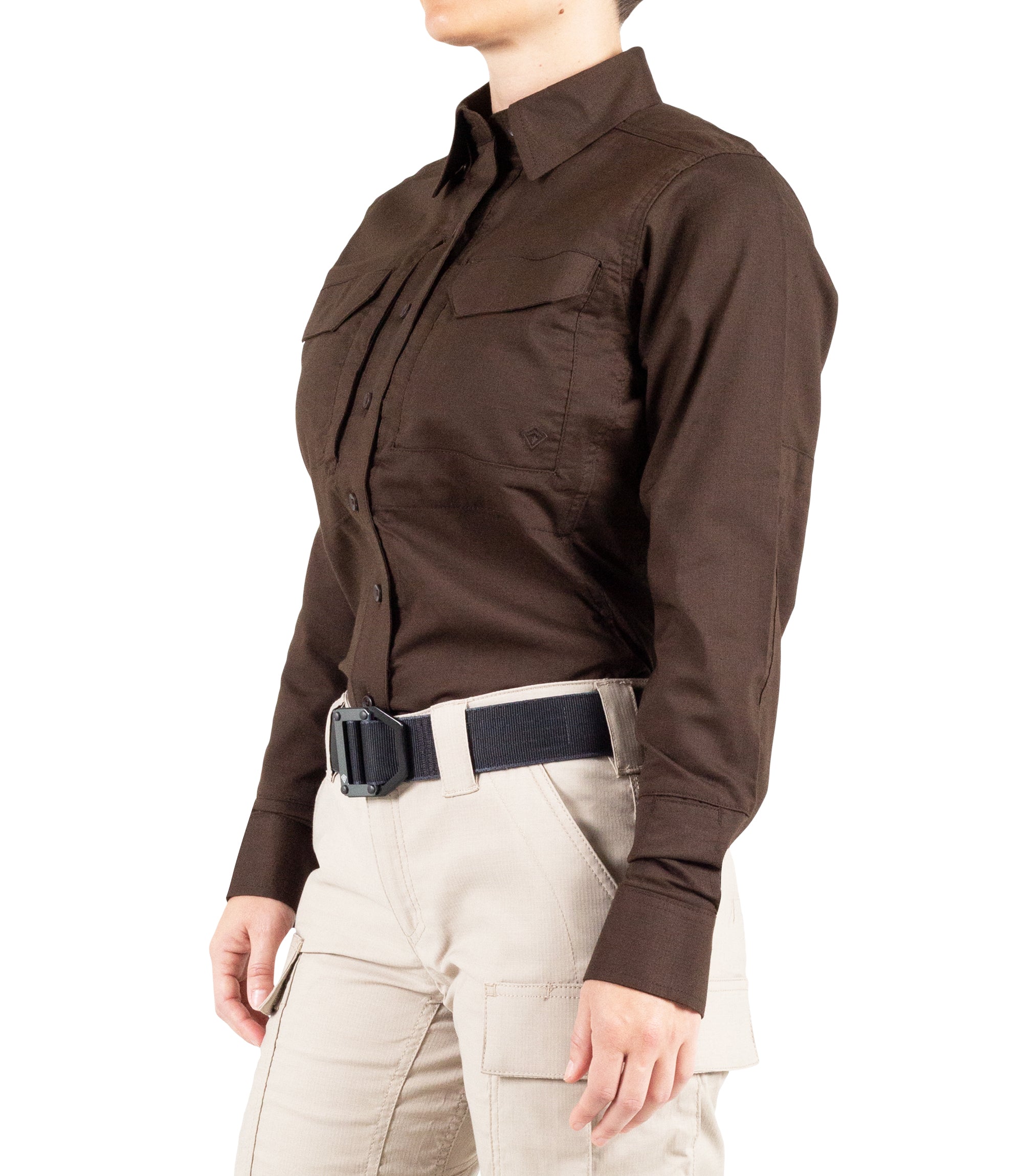 Side of Women's V2 Tactical Long Sleeve Shirt in Kodiak Brown |color_kodiak brown